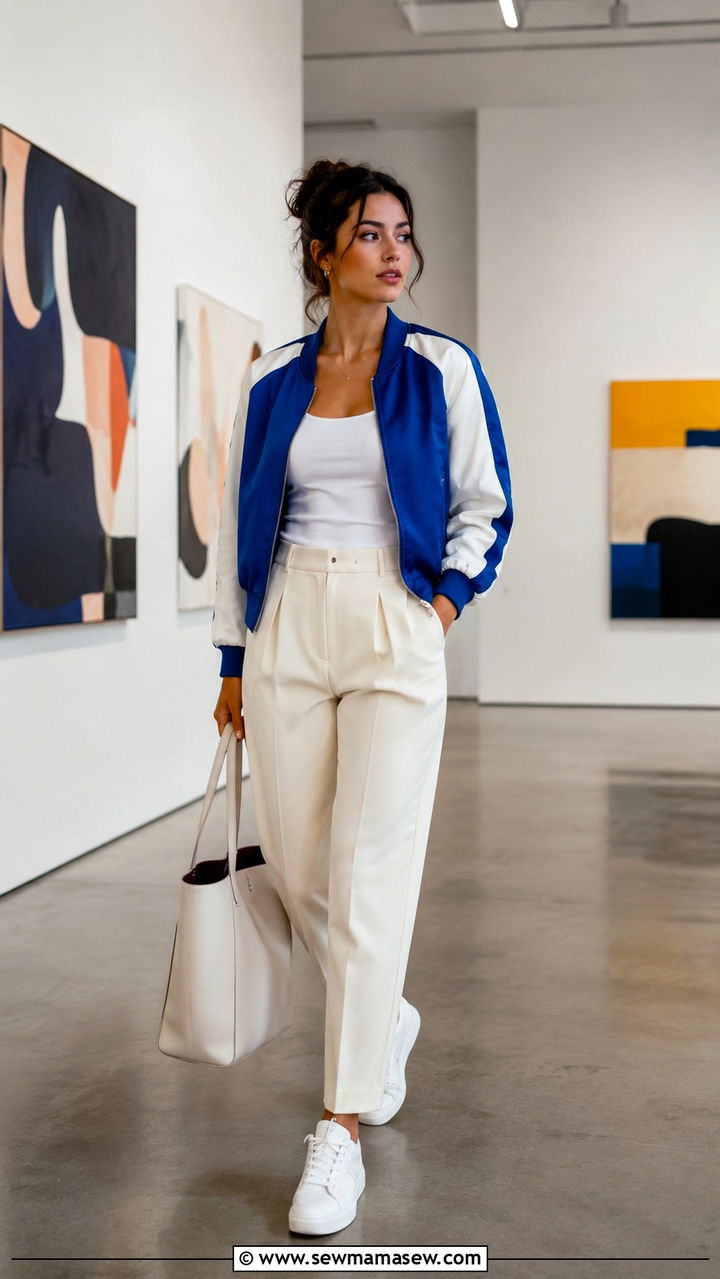 Colorblock Bomber Jacket With Neutral Separates - 30 spring bomber jacket outfit ideas