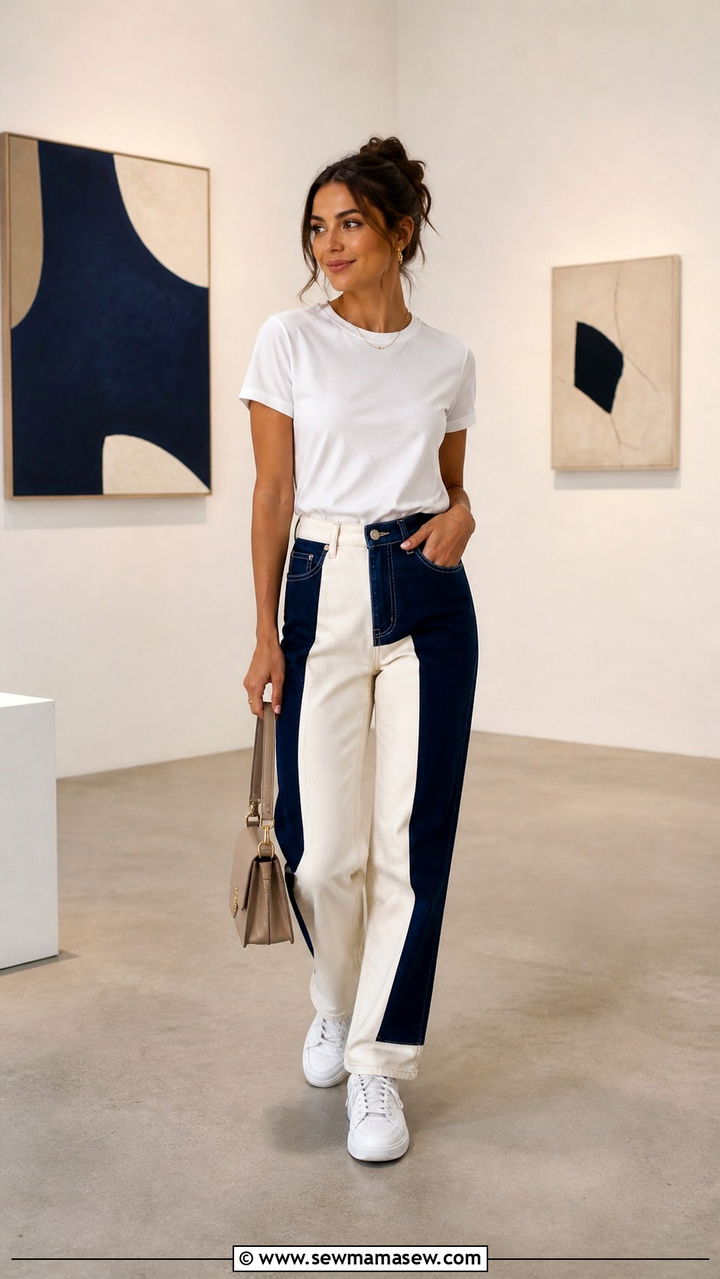 Colorblock Jeans With White Tee And Minimal Accessories - 40 Colored jeans outfit ideas
