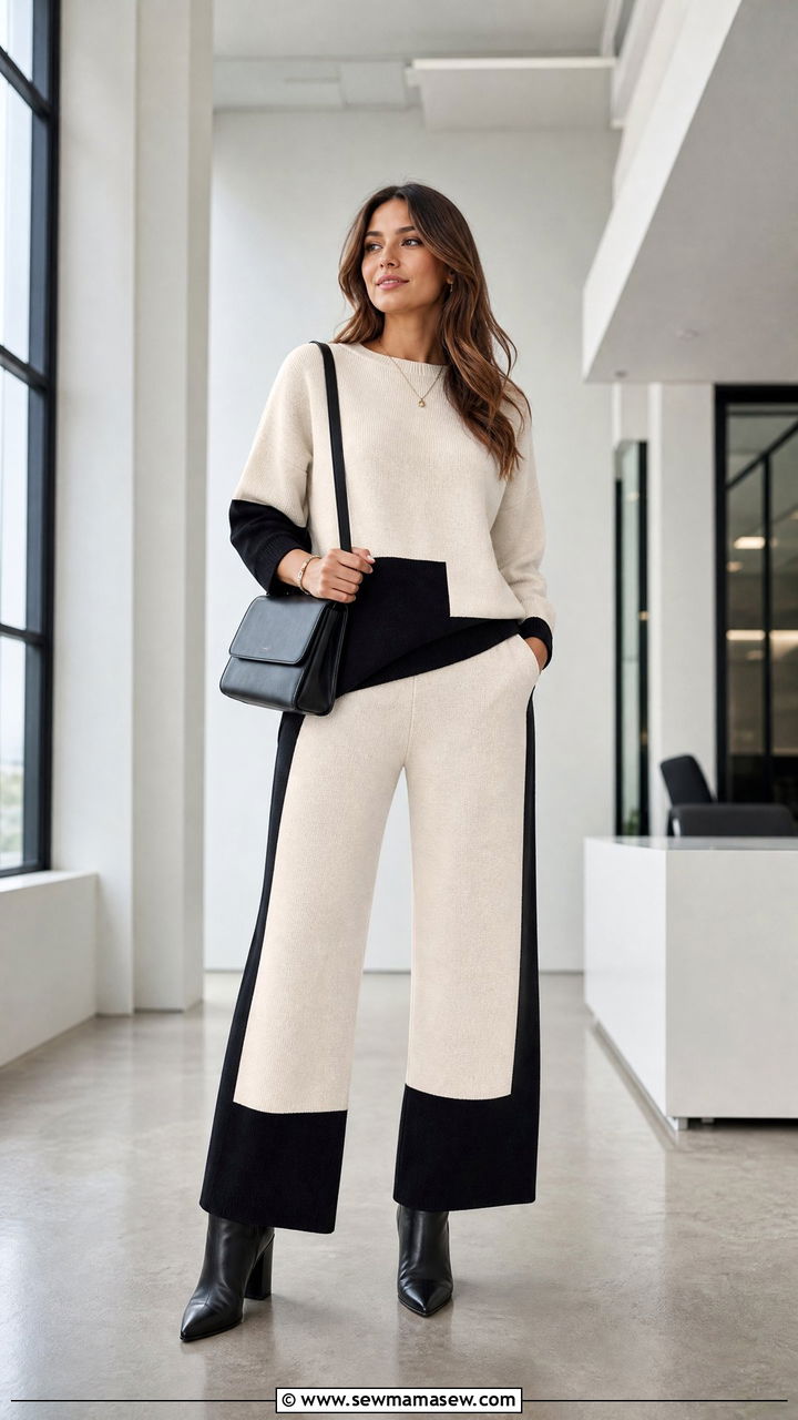 Colorblock Knit Lounge Set with Monochrome Accessories - 25 Knit loungewear set outfit ideas