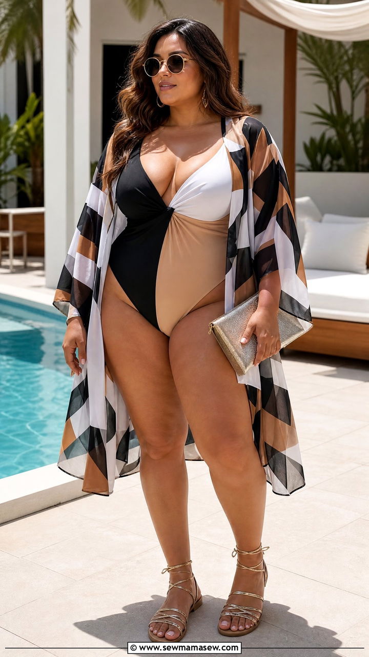 Colorblock Monokini With Sheer Kimono - 30 Plus size swimsuit outfit ideas