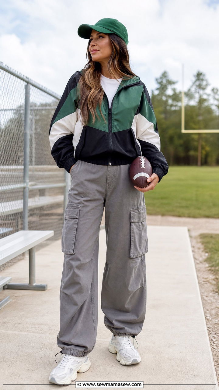Colorblock Windbreaker and Cargo Pants Outfit - 25 Football game outfit ideas mom
