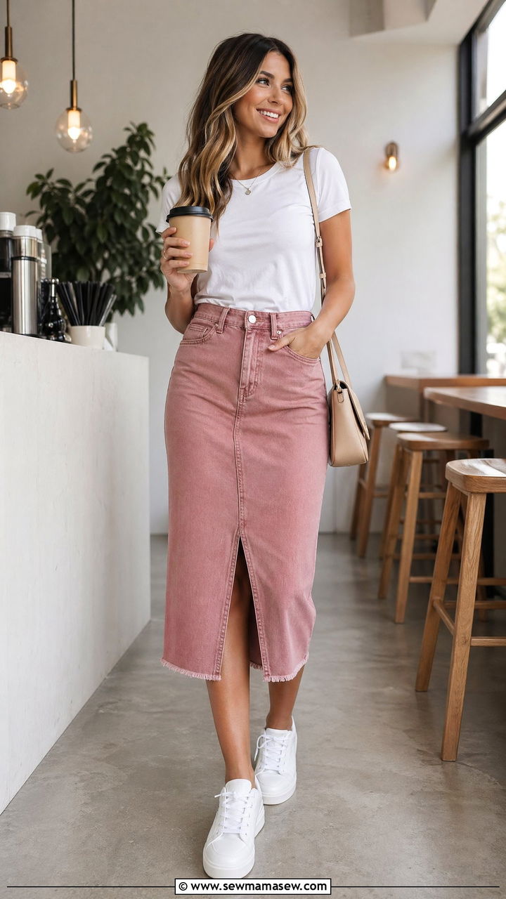 Colored Denim Skirt with Neutral Tee and Sneakers - 35 denim skirt outfits for women