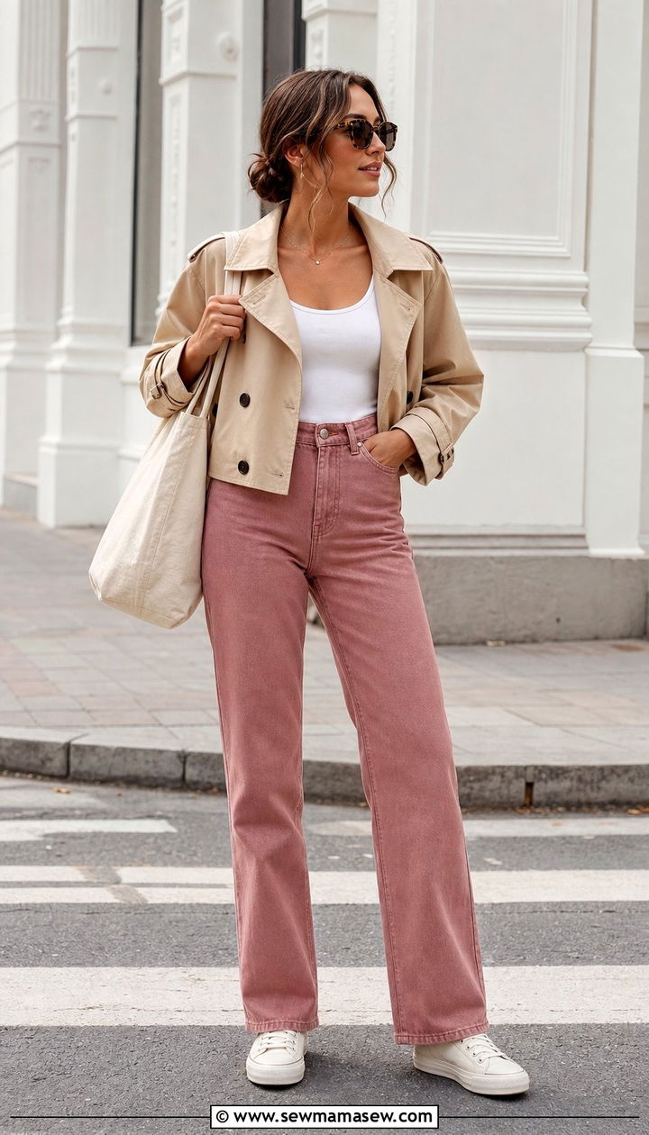 Colored Denim with Cropped Trench Coat Outfit - 25 spring outfits 2026 women trends