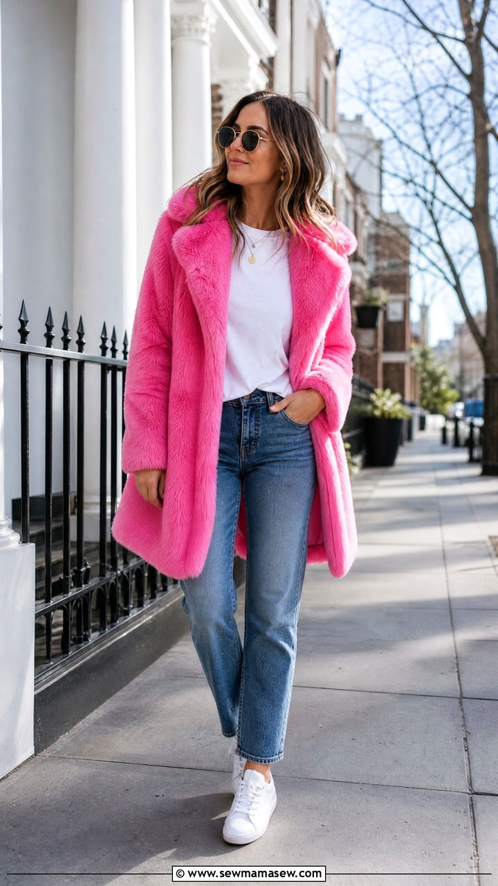 Colored Faux Fur Coat With Neutral Basics - 30 Faux fur coat outfit ideas