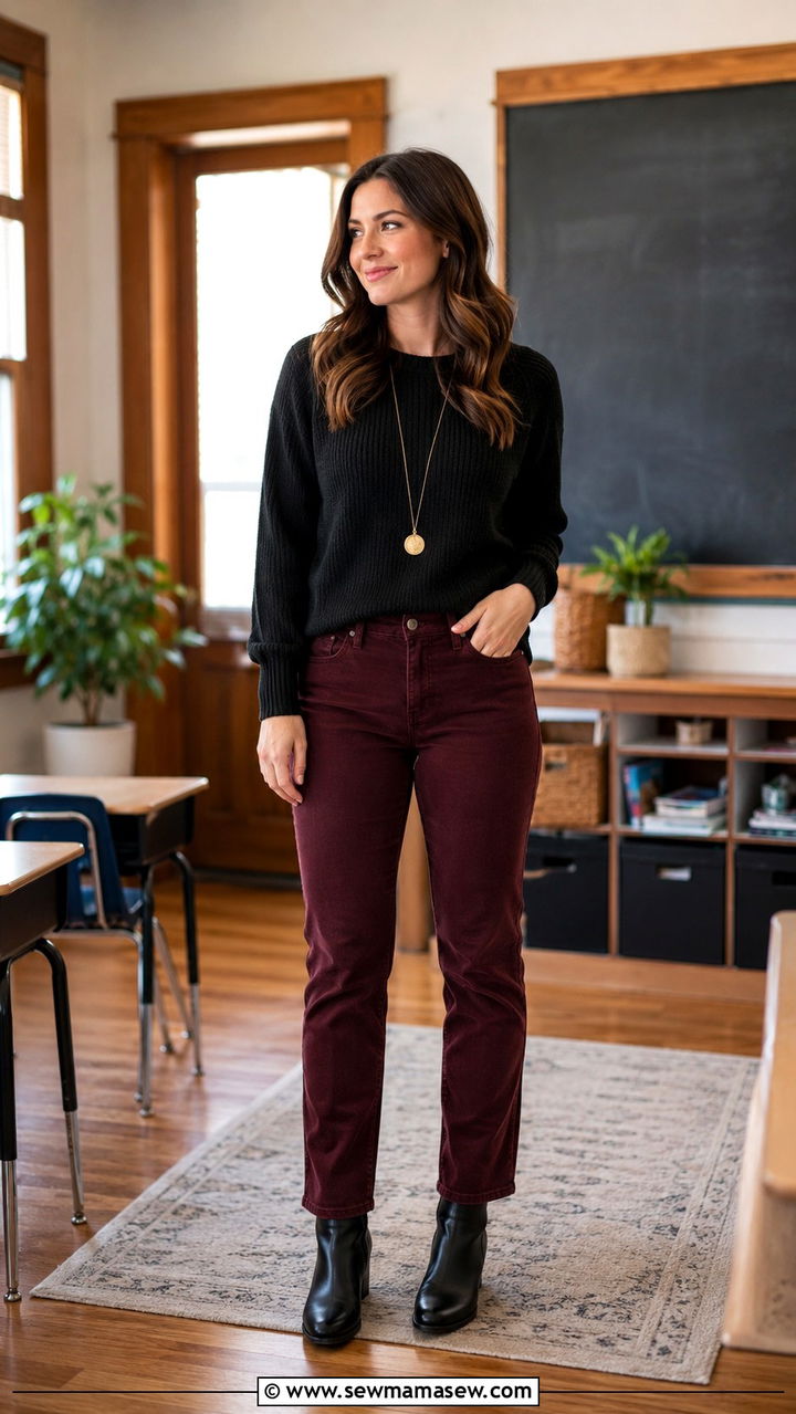 Colored Jeans With Black Sweater And Ankle Boots - 30 Teacher outfits with jeans