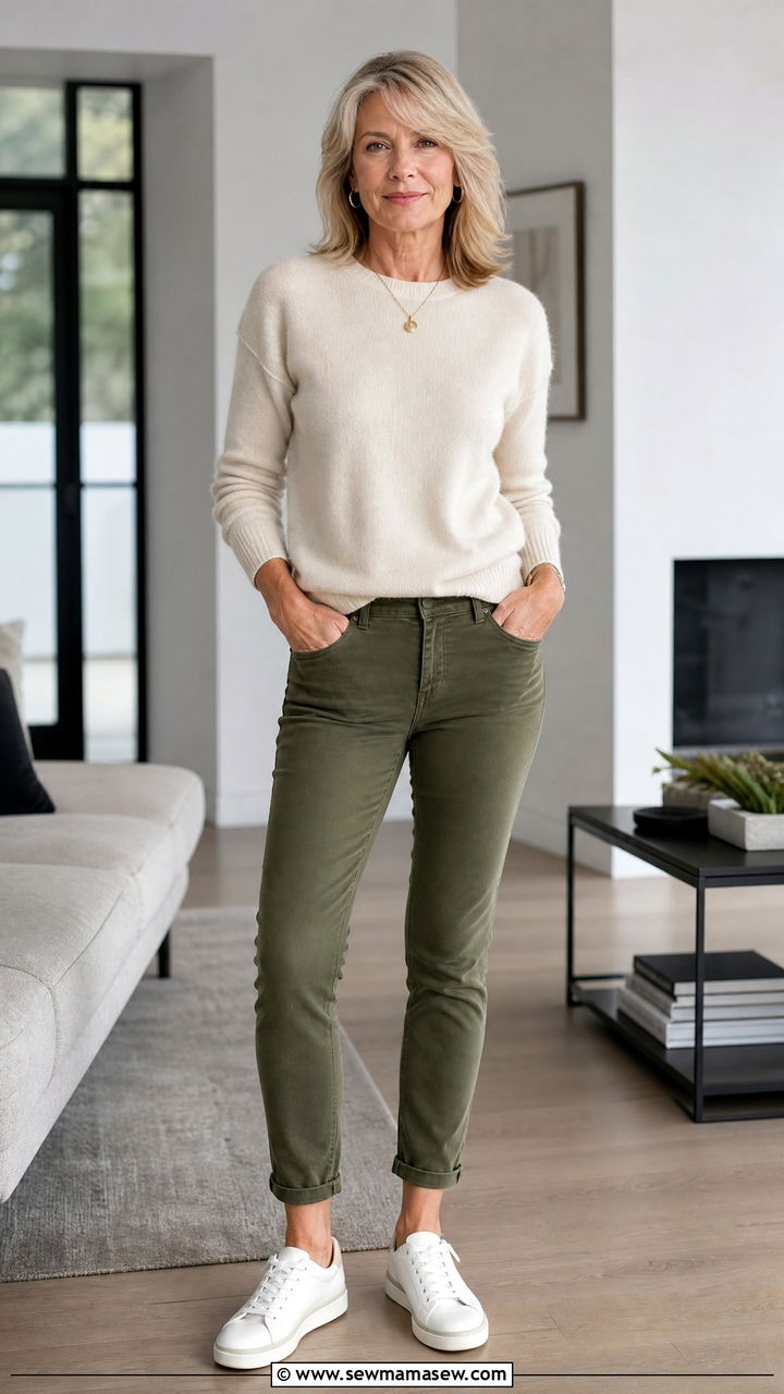 Colored Jeans With Neutral Sweater And Sneakers - 35 Jeans outfit ideas for women over 50