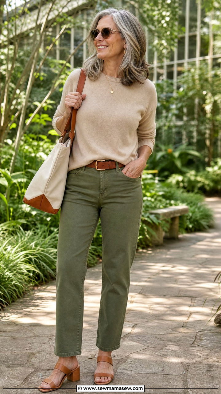 Colored Jeans and Neutral Block Heels Outfit - 35 Jeans and heels outfit ideas over 50
