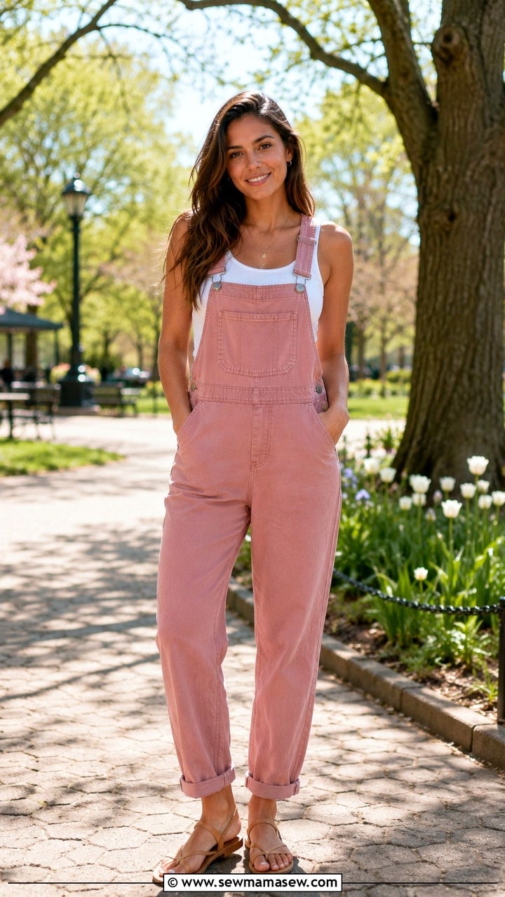 Colored Overalls With Neutral Top and Sandals - 30 How to style overalls
