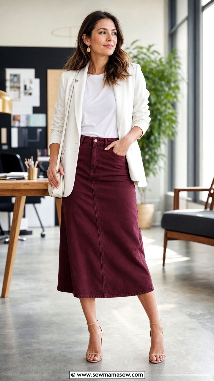Colored denim skirt with white blazer and heels - 25 Denim skirt outfit ideas for work
