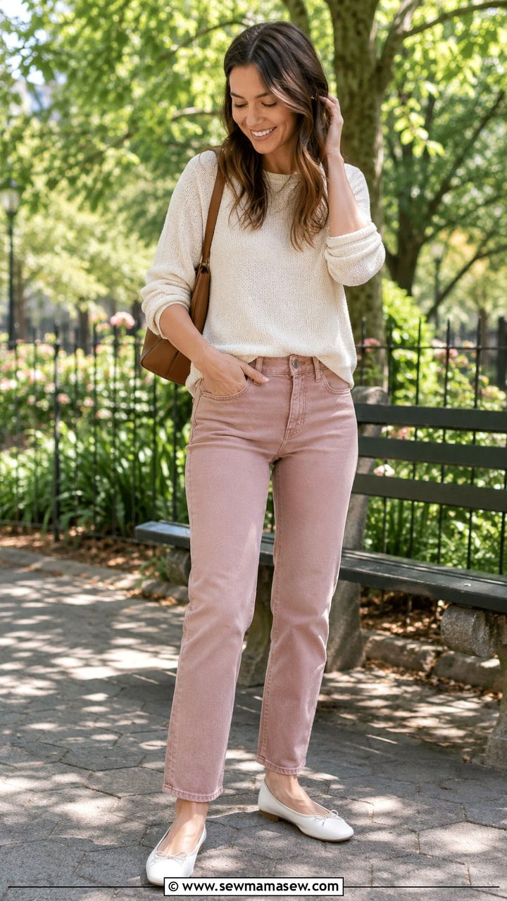 Colored denim with lightweight knit sweater - 25 Trendy spring outfit ideas 2026