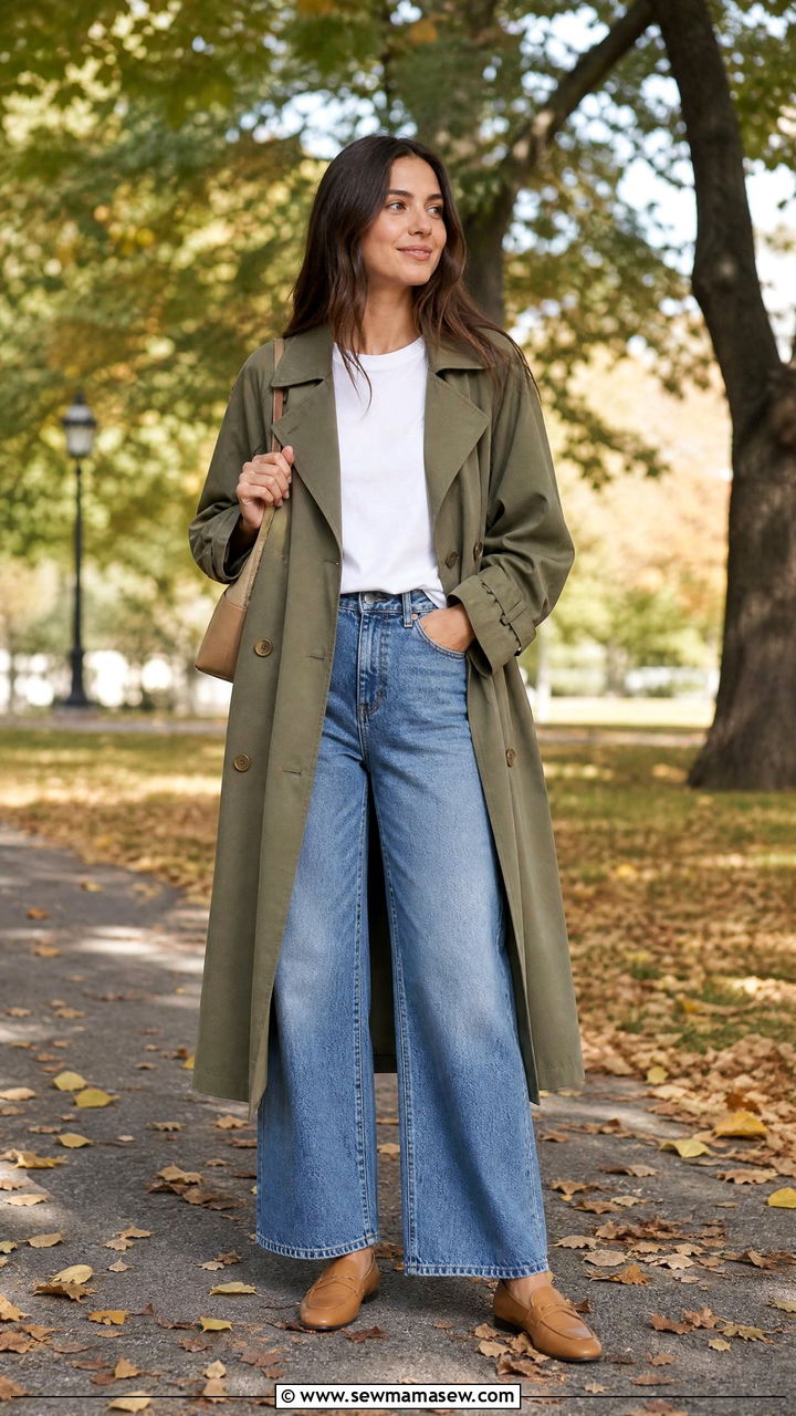 Colored trench coat with wide leg jeans - 20 Wide leg jeans outfit ideas with a trench coat