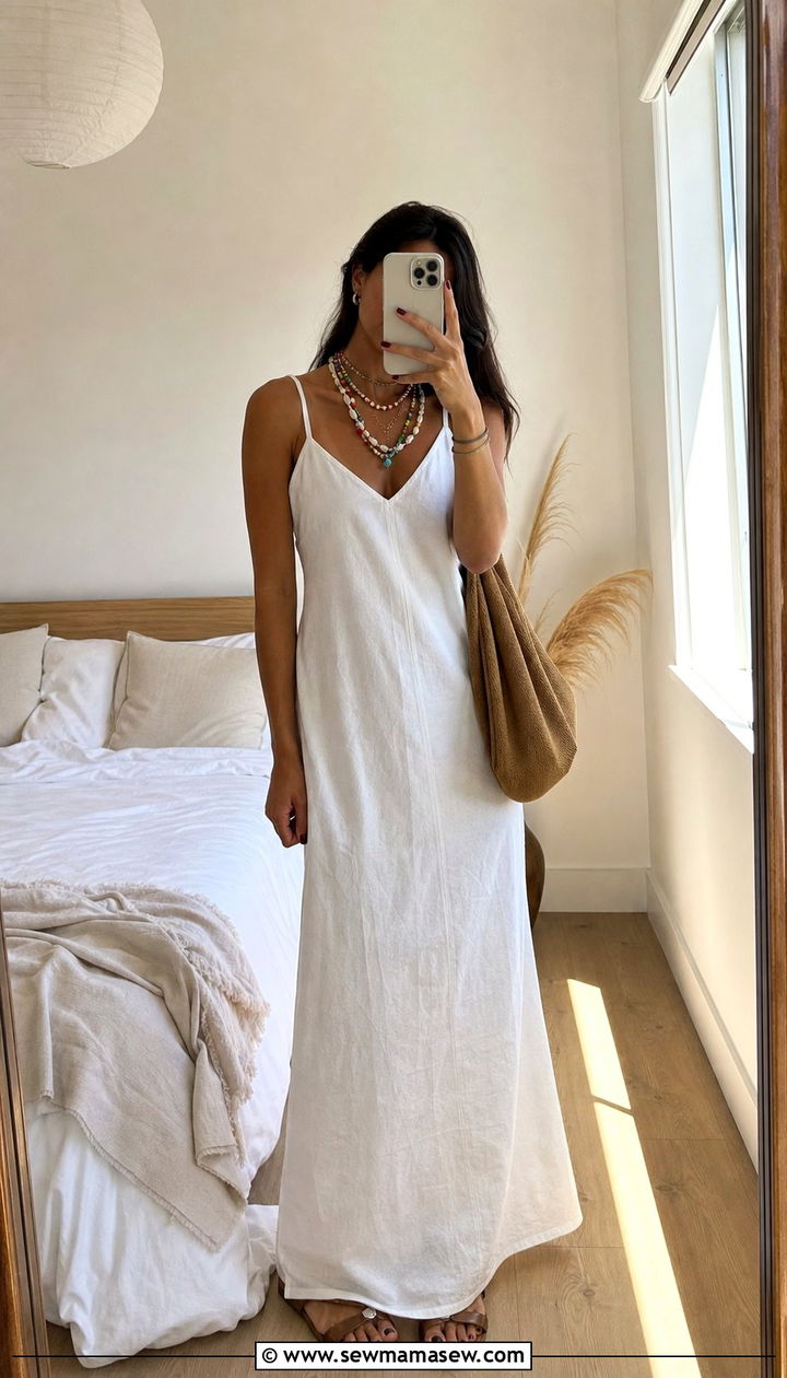 Colorful Beaded Necklace Over White Slip Dress Summer Outfit - 25 Summer 2026 outfit trends