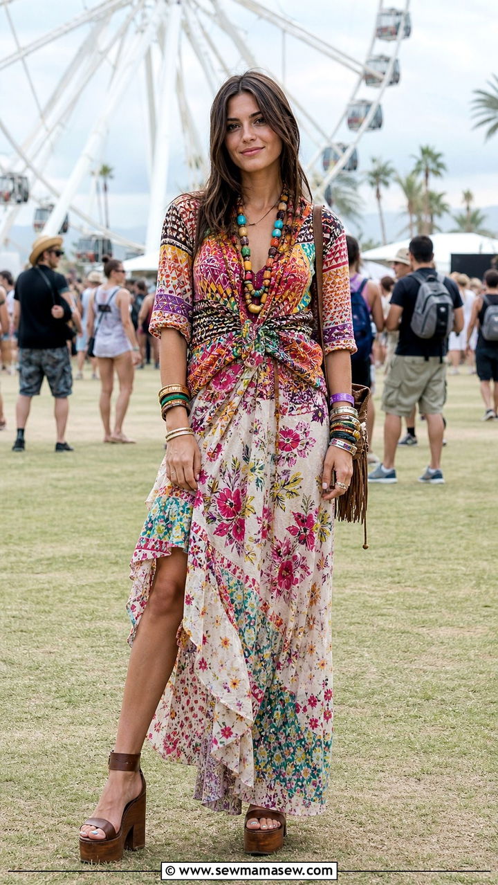 Colorful Boho Look With Mixed Prints And Platform Sandals - 40 Boho outfit ideas 2026