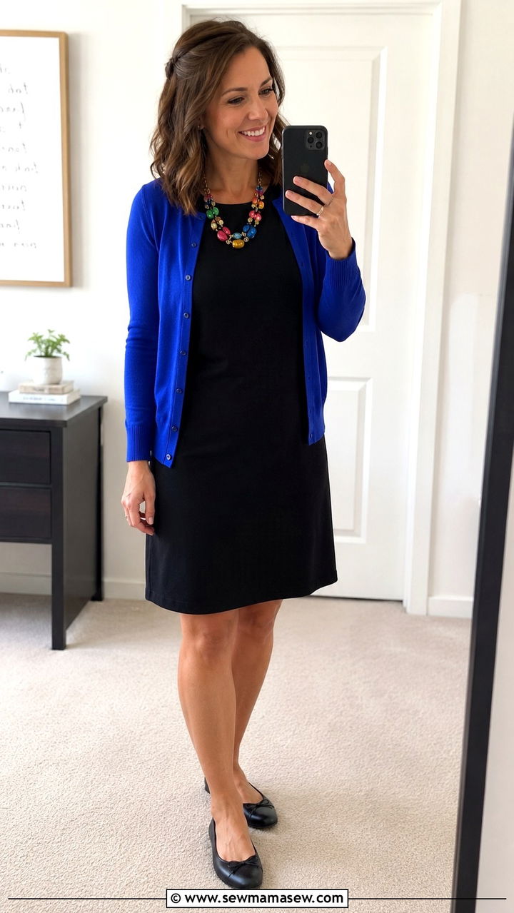 Colorful Cardigan Over Black Dress - 30 Kindergarten teacher outfit ideas