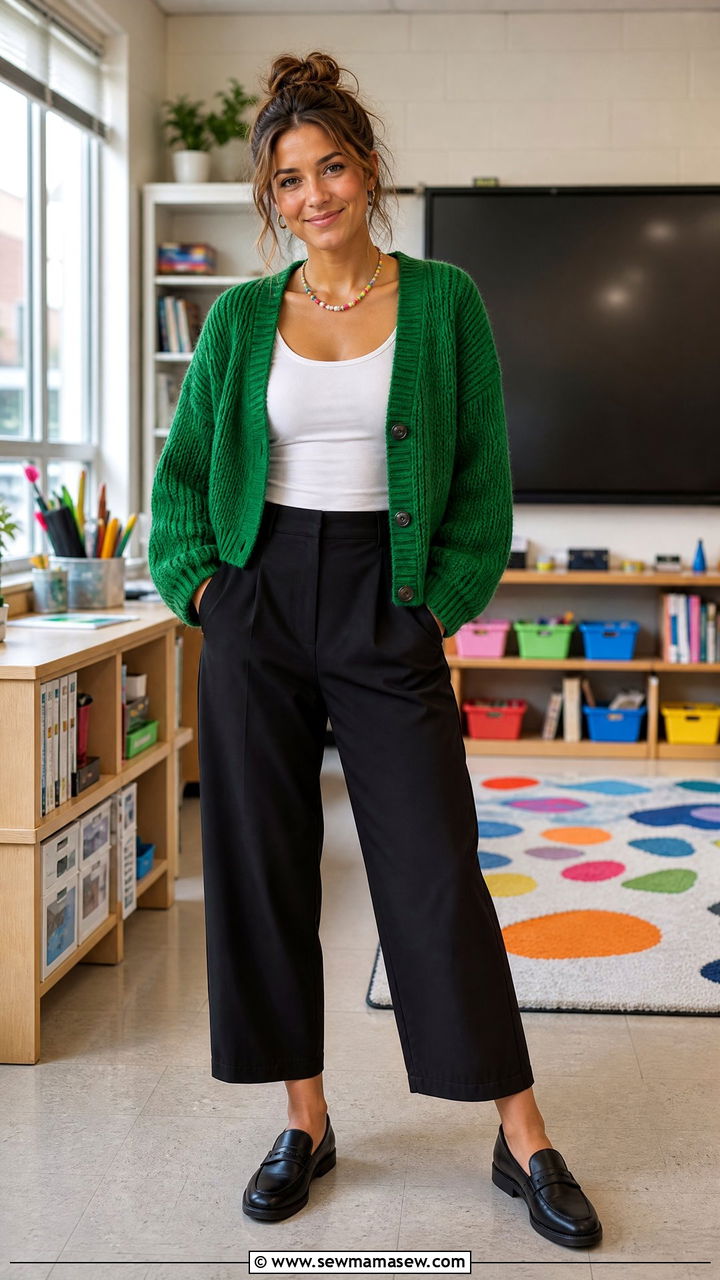 Colorful Cardigan With Cropped Barrel Leg Trousers and Loafers - 25 First year teacher outfit ideas