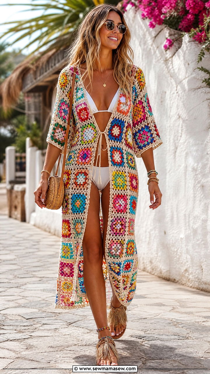 Colorful Granny Square Crochet Cover Up With Fringed Sandals - 30 Crochet cover up outfit ideas