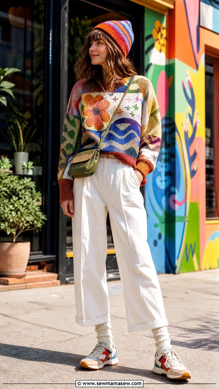Colorful Graphic Sweater With White Trousers and Retro Trainers - 20 Eclectic grandpa outfit ideas women