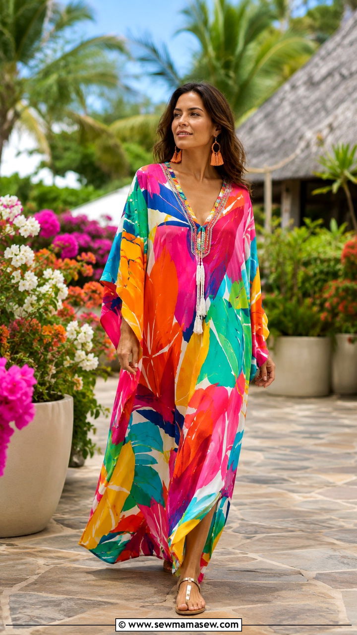 Colorful Kaftan and Tassel Earrings - 30 Resort wear outfit ideas Caribbean