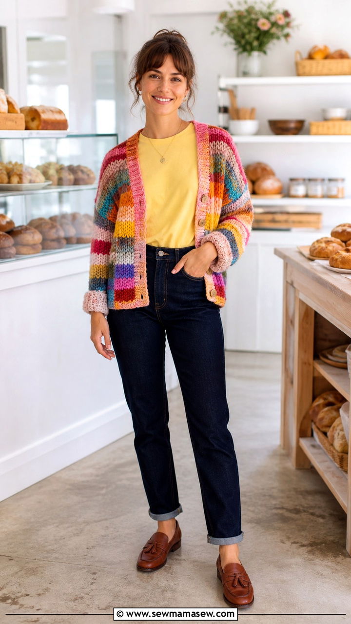 Colorful Knit Cardigan and Navy Jeans Outfit - 20 Baker outfit ideas