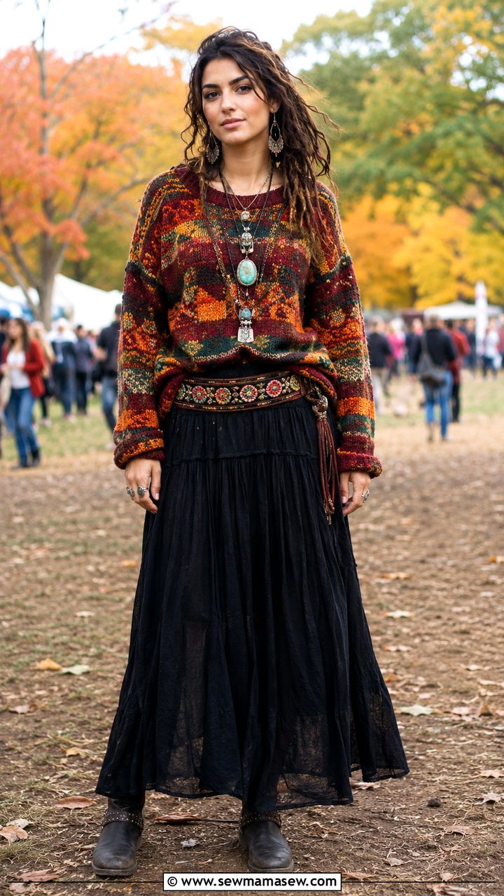 Colorful Knit Sweater and Black Maxi Skirt - 30 Boho outfit ideas for festival