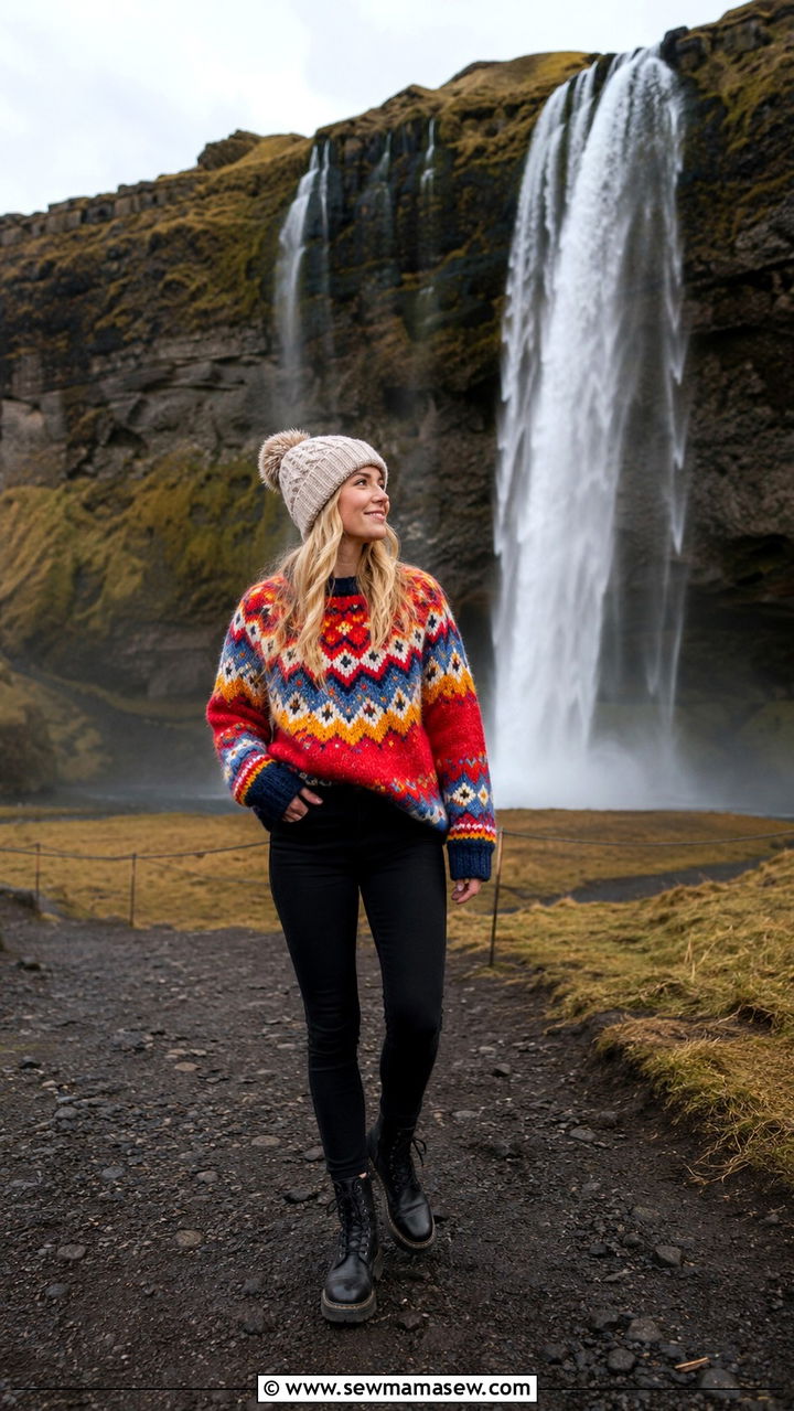 Colorful Knit Sweater with Black Jeans and Wool Beanie - 30 Iceland outfit ideas