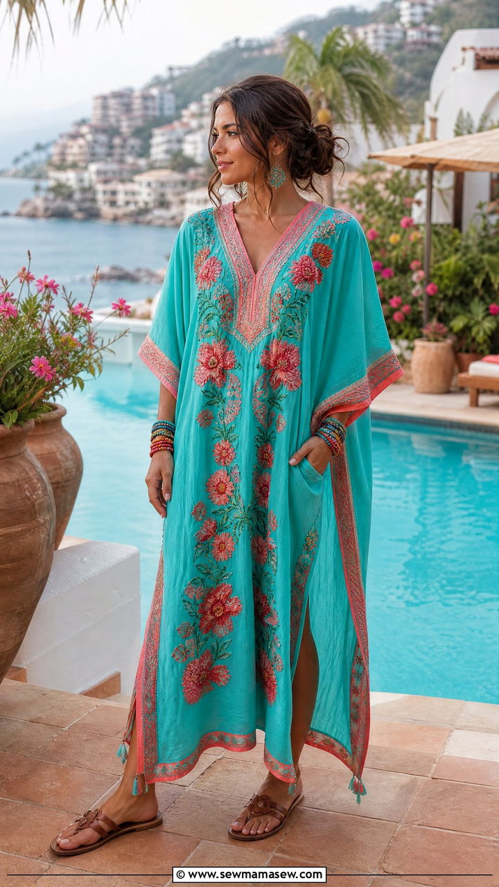 Colorful Lightweight Caftan and Flat Sandals - 35 Mexico summer outfit ideas