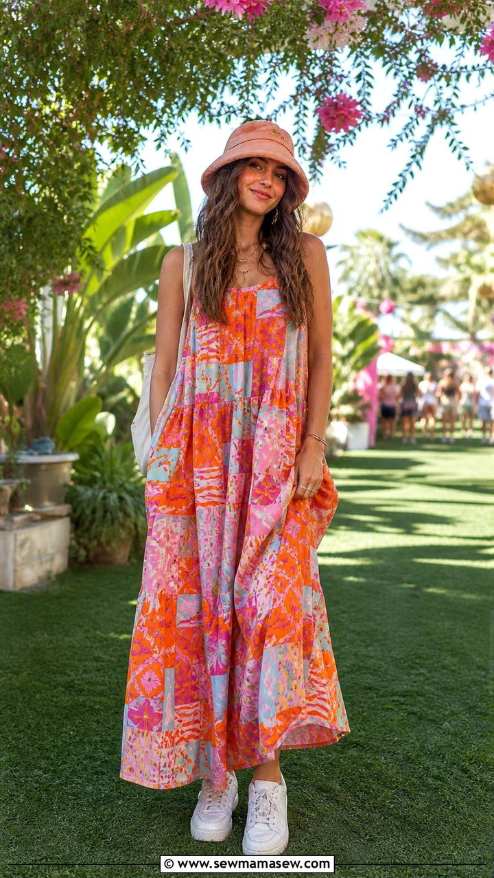 Colorful Maxi Dress Outfit With White Sneakers And A Bucket Hat - 40 maxi dress outfit ideas