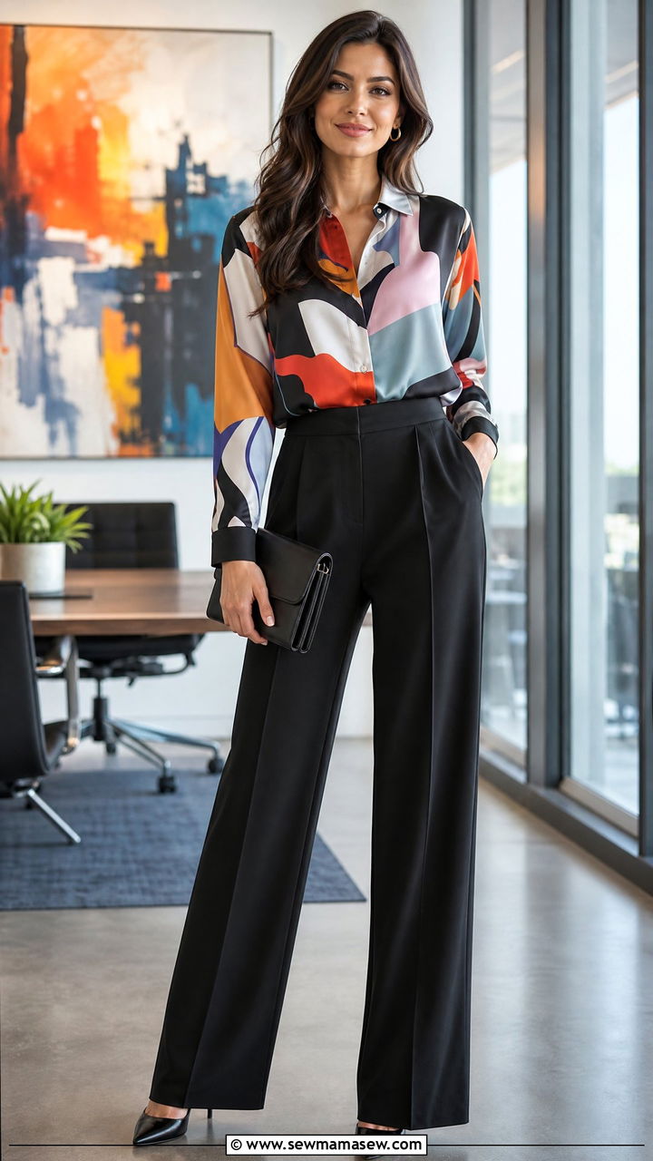 Colorful Patterned Blouse With Black Wide Leg Pants - 30 Marketer outfit ideas
