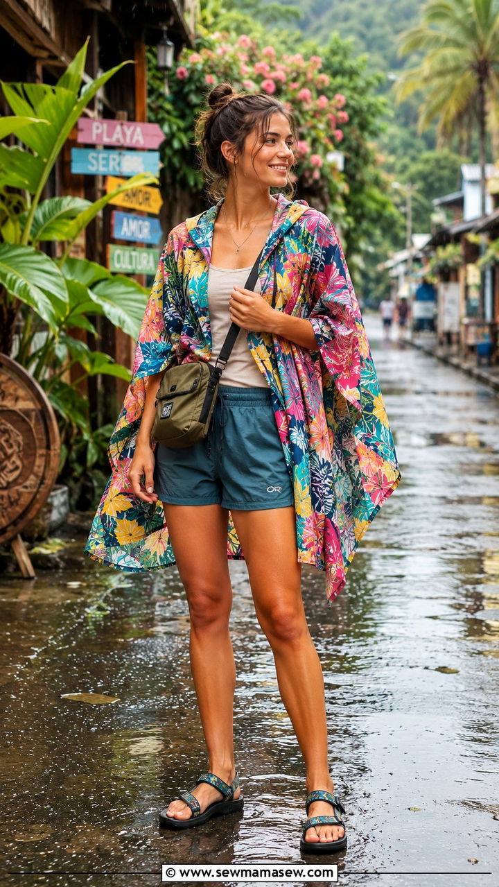Colorful Poncho with Quick Dry Shorts - 30 Rainy vacation outfit ideas
