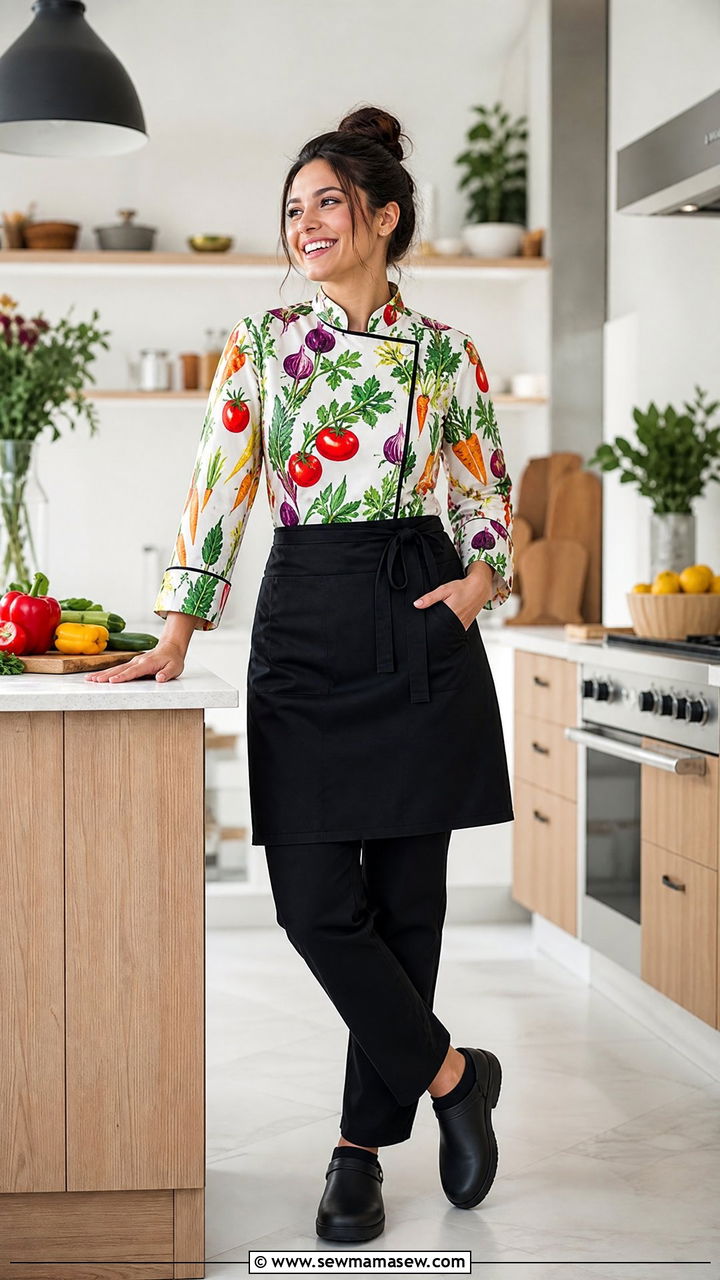 Colorful Printed Chef Coat Outfit - 25 Chef outfit ideas for women