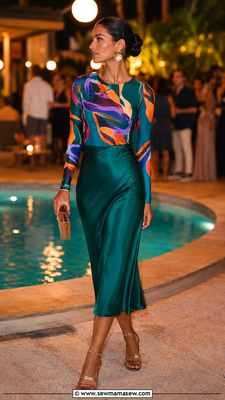 Colorful Printed Long Sleeve Swimsuit With Midi Skirt - 30 Long sleeve swimsuit outfit ideas