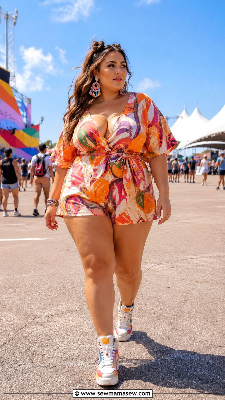 Colorful Printed Romper With High Top Sneakers And Statement Earrings - 30 plus size music festival outfit ideas