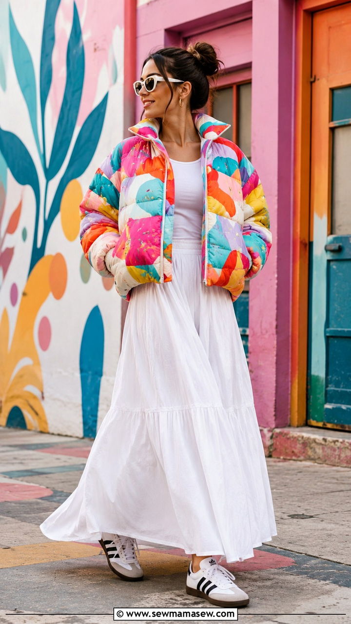 Colorful Puffer With White Maxi Skirt And Adidas Sneakers - 25 Puffer jacket outfit ideas cute