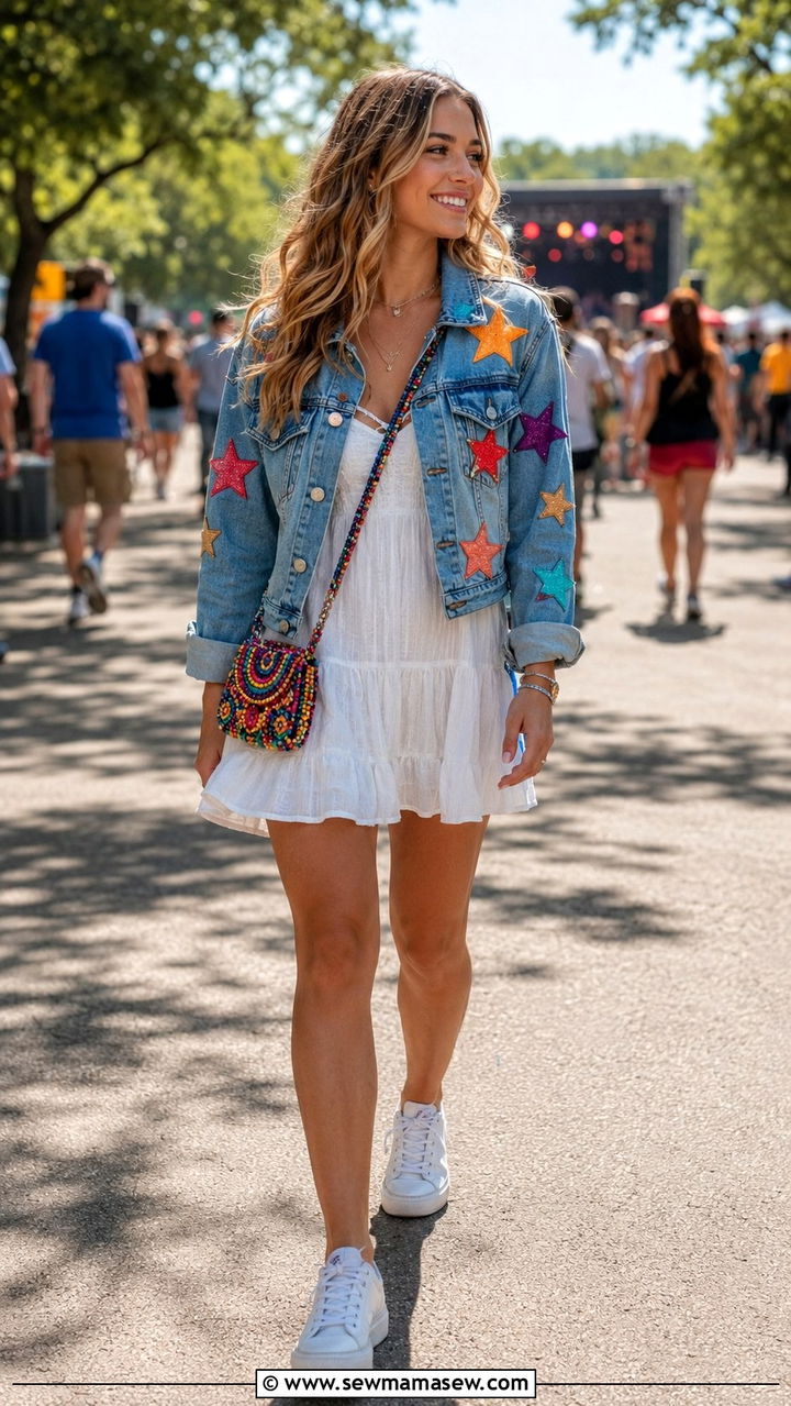 Colorful Star Patch Denim Jacket With White Sundress - 30 celestial outfits 2026