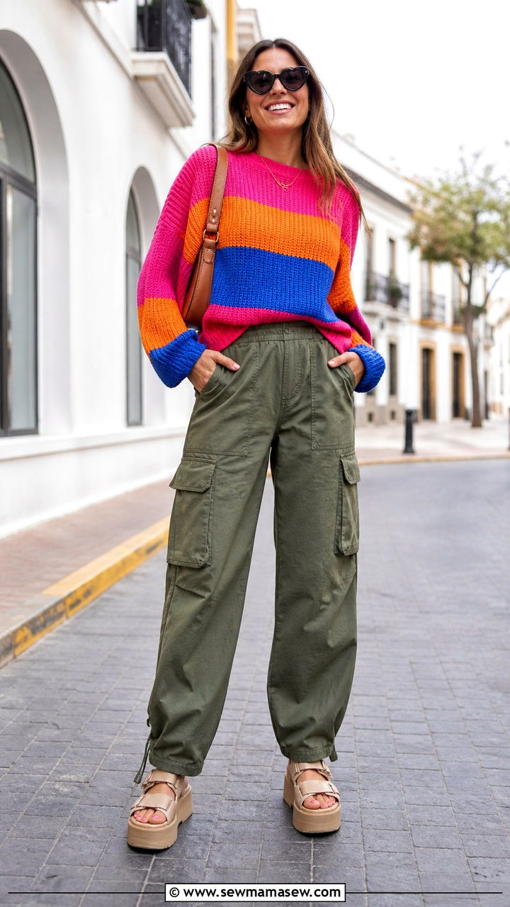 Colorful Striped Sweater and Relaxed Cargo Pants - 40 spring aesthetic outfit ideas