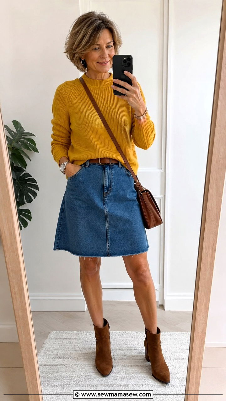 Colorful Sweater With Denim Skirt - 25 Outfit ideas for women over 50 weekend