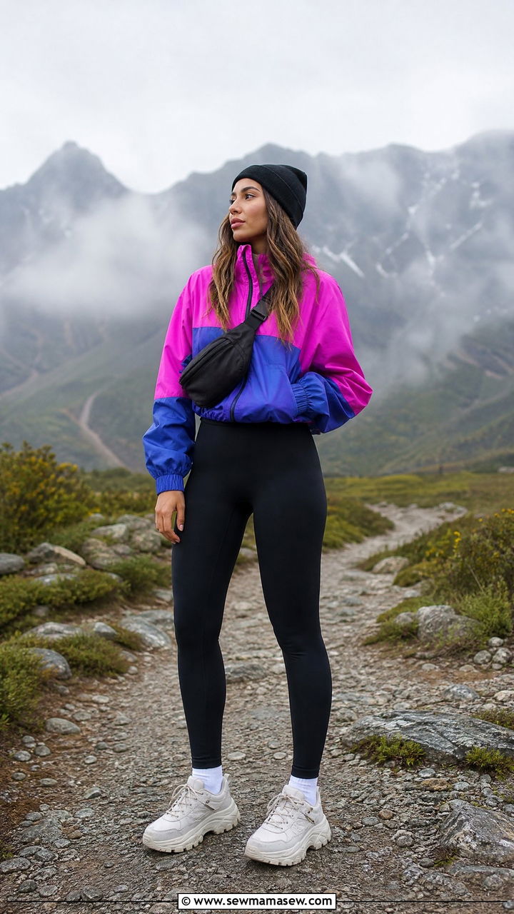 Colorful Windbreaker and Neutral Leggings Outfit - 25 Hiking outfit ideas cute