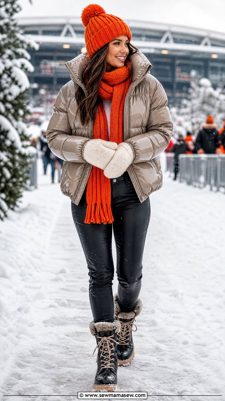 Colorful beanie with matching scarf and puffer - 25 Football game outfit ideas cold