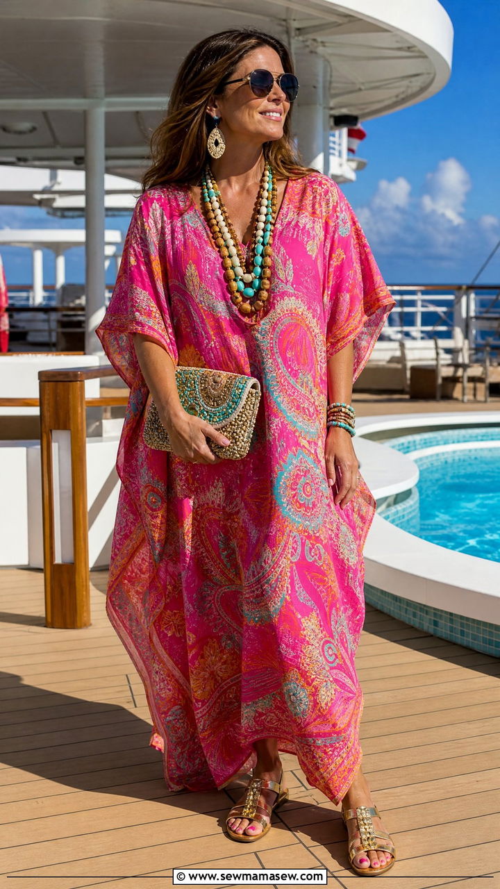 Colorful caftan and metallic sandals - 25 Celebrity cruise outfit ideas