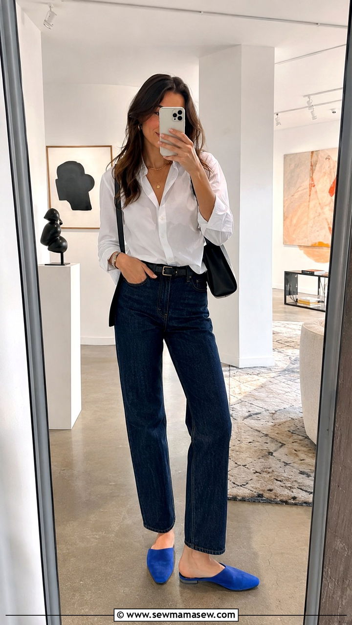 Colorful flat mules with straight leg jeans and a white button down - 30 Straight leg jeans outfit ideas with flats