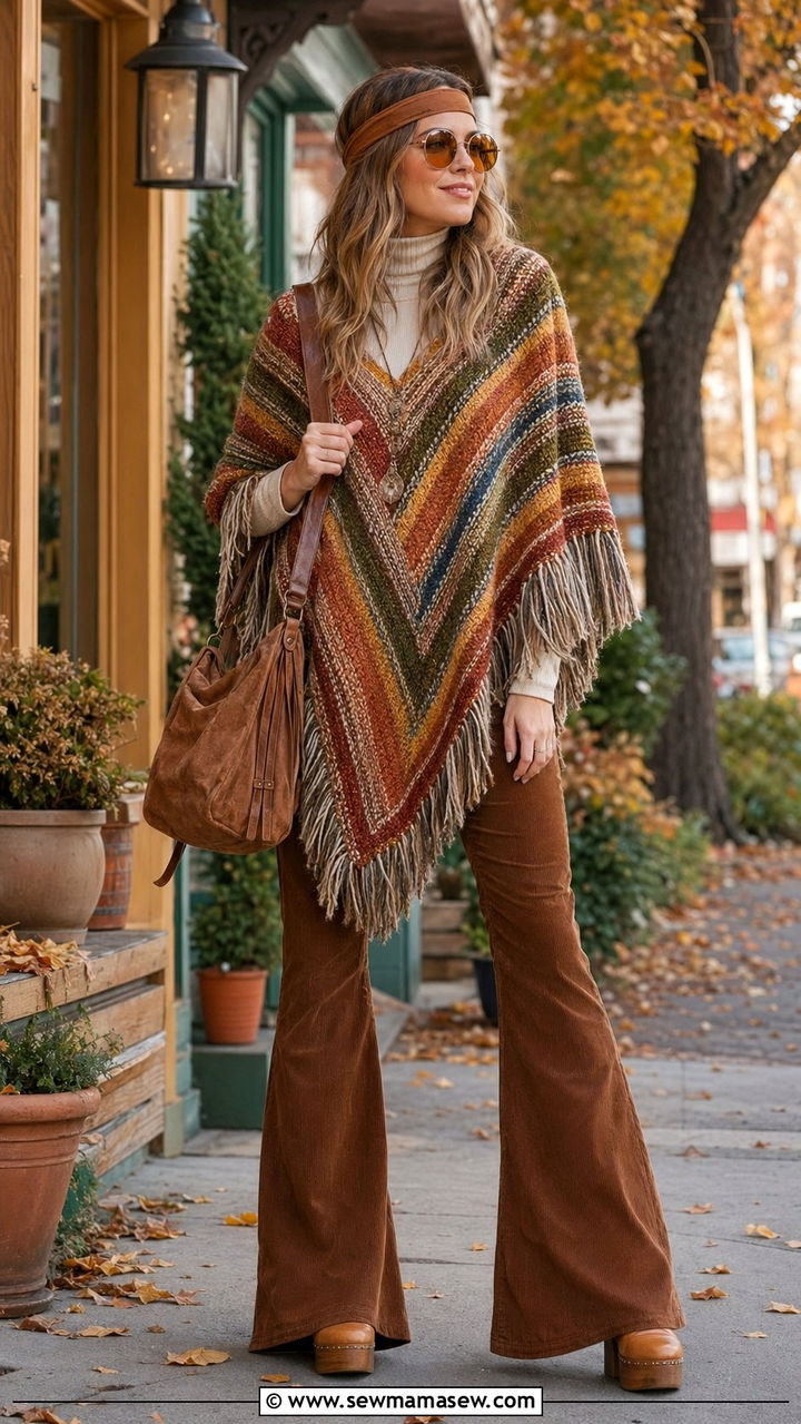 Colorful knit poncho with bell bottoms outfit - 35 70s inspired outfits