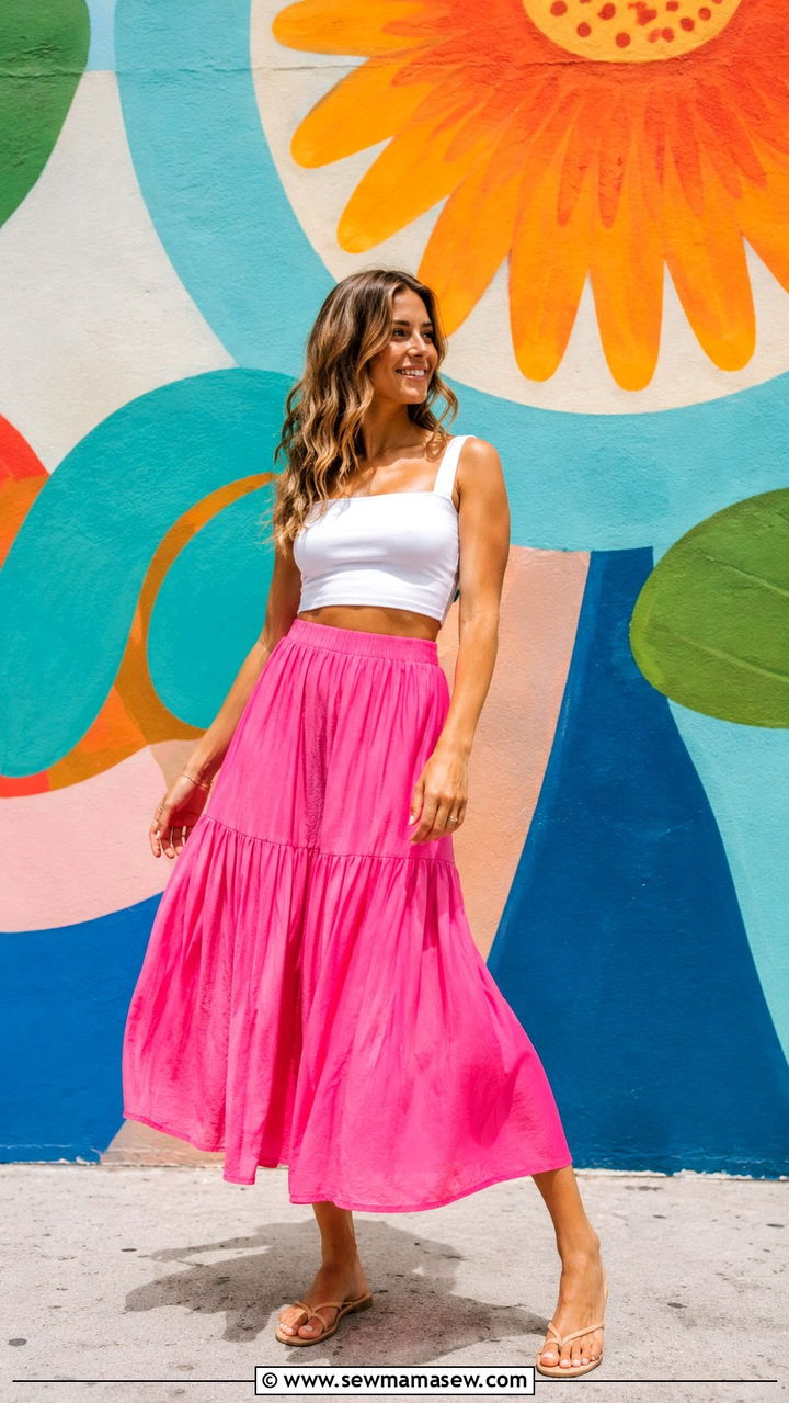 Colorful midi skirt with crop top outfit - 30 Midi skirt outfit ideas with a crop top