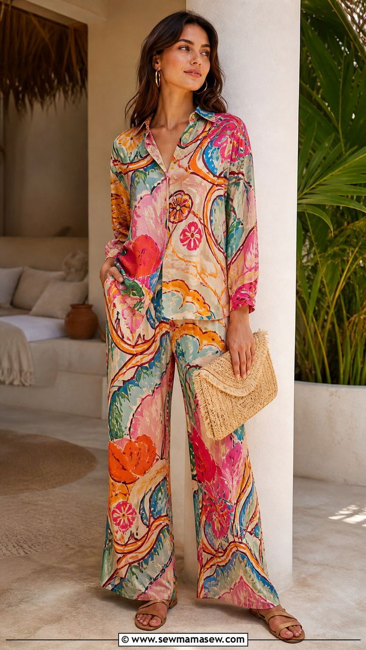 Colorful printed co ord set with neutral sandals - 40 travel outfits