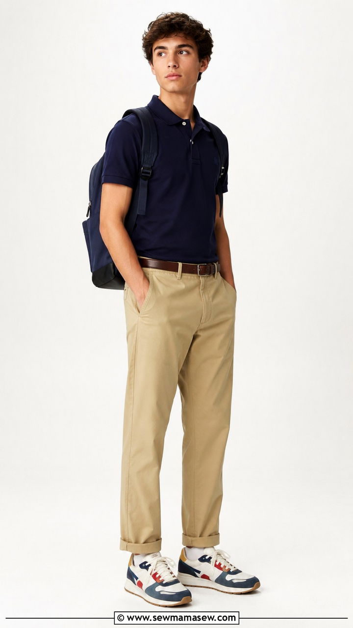 Colorful retro sneakers with khaki trousers and polo outfit - 30 School uniform hacks outfit ideas