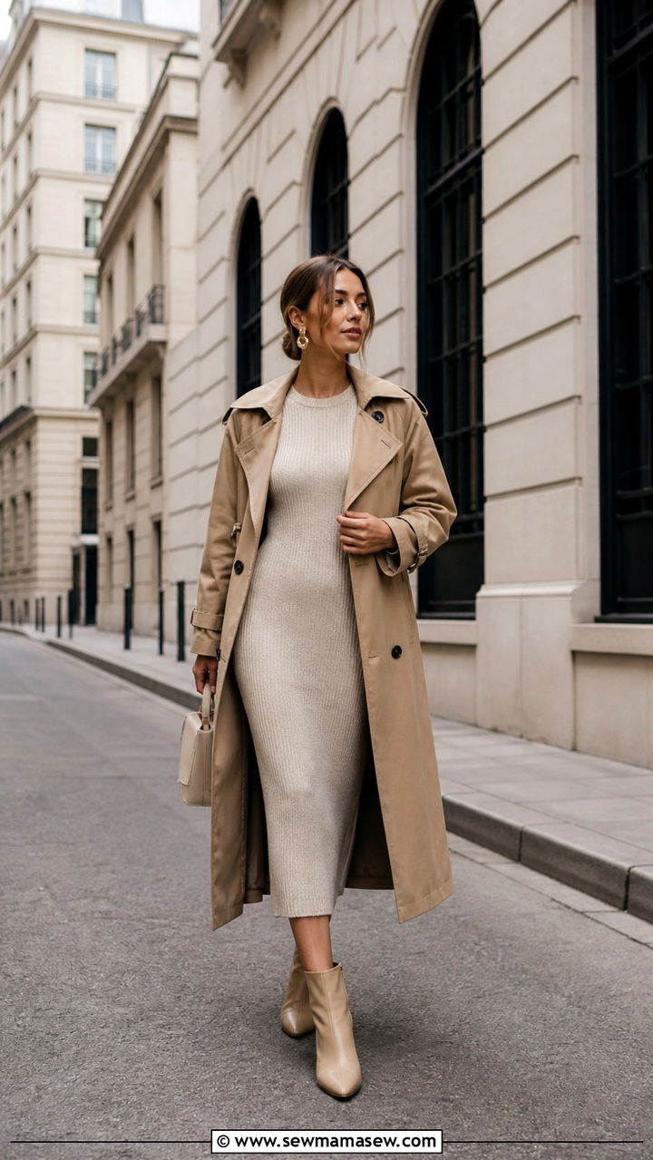 Column Knit Dress with Trench Coat Spring Birthday Outfit - 40 Spring birthday outfits