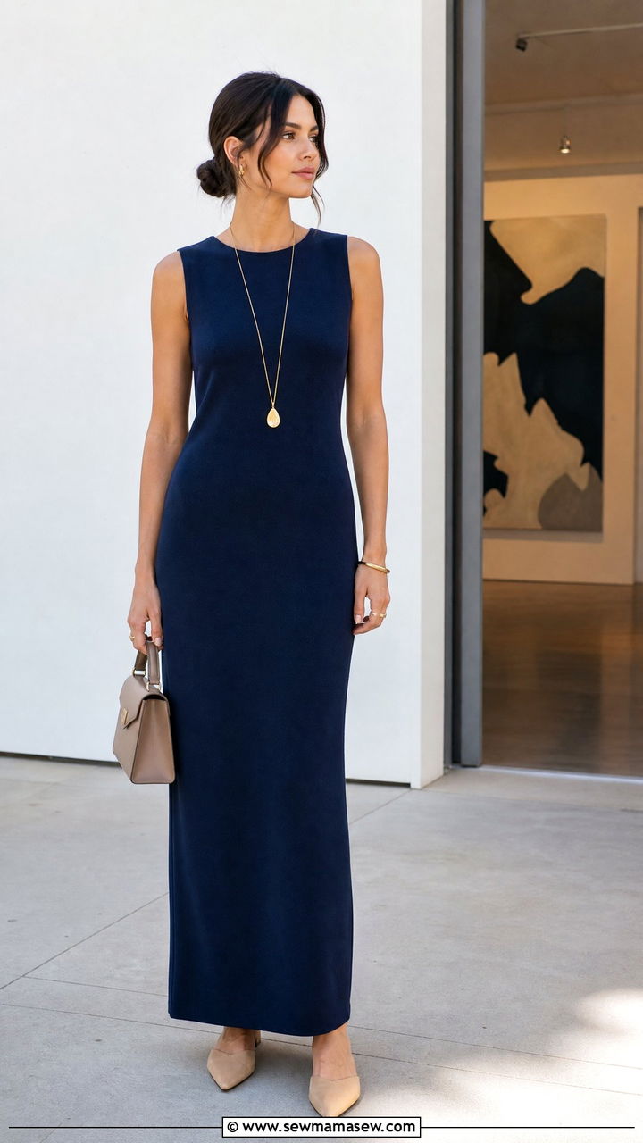 Column dress with long pendant necklace - 25 Outfit ideas to look taller