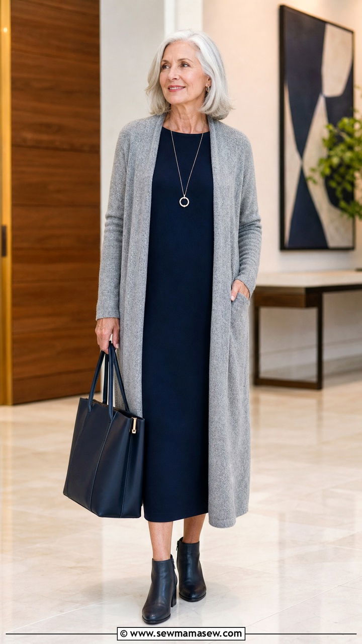 Column dress with longline cardigan outfit for women over 60 - 40 How to dress in your 60s