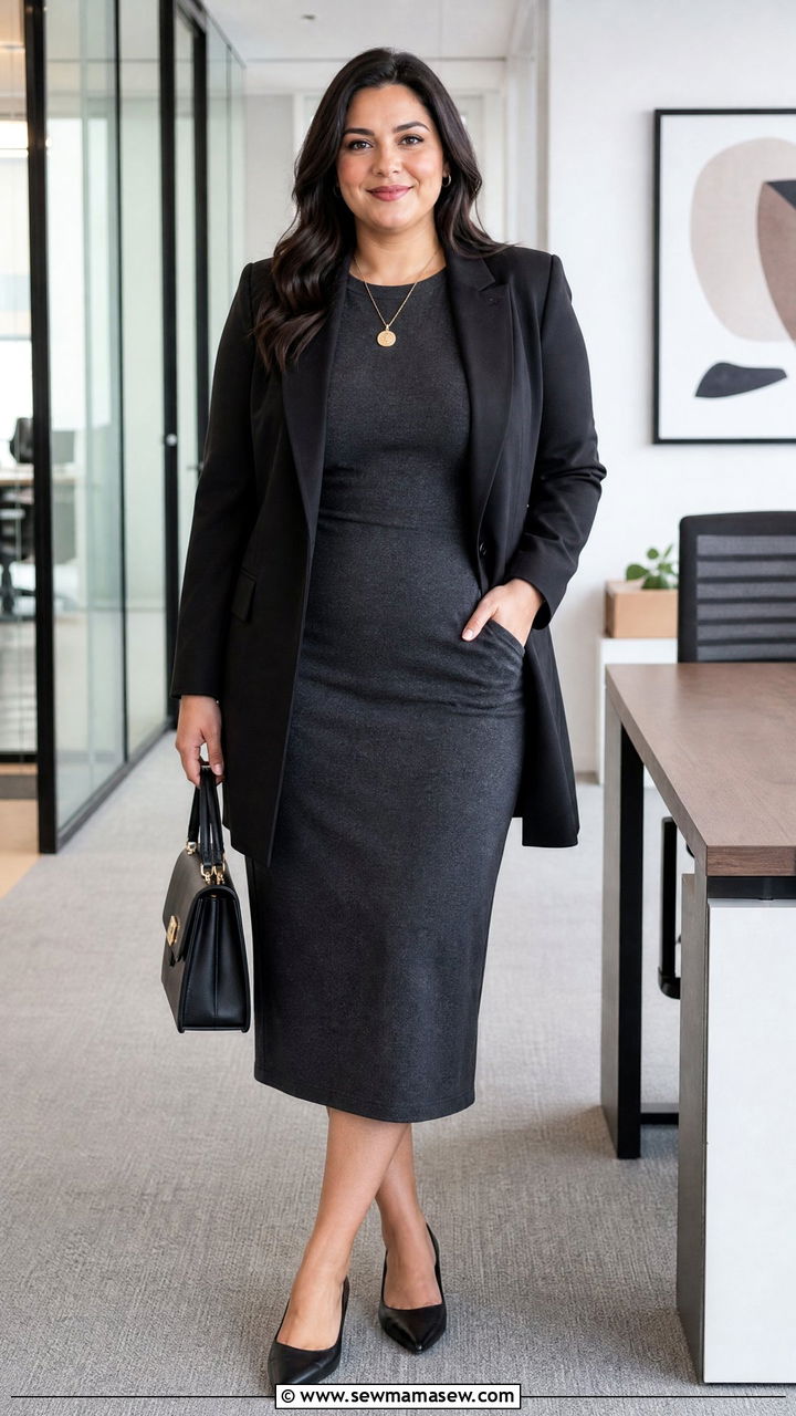 Column midi dress and longline blazer outfit for women with tummy - 25 casual outfits for women with tummy