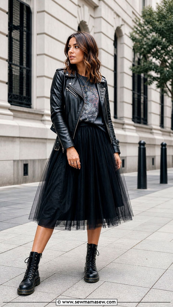 Combat Ankle Boots with a Tulle Skirt - 40 ankle boots outfit ideas