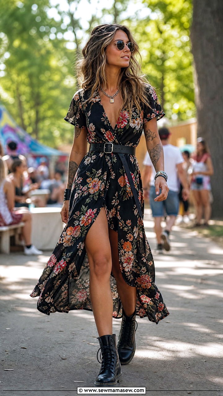 Combat Boots With Floral Maxi Dress Outfit - 30 Summer outfits with boots